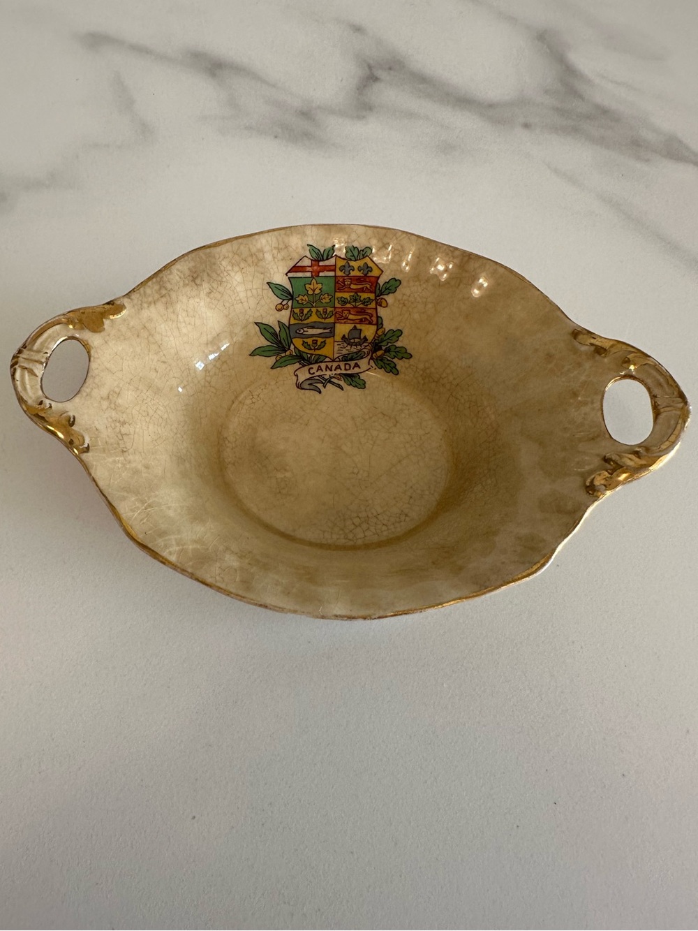 Vintage Royal Winton Grimwades 2 handle “Old Canada” Cream/Gold Souvenir Dish